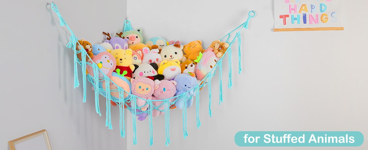 Stuffed Animals Net or Hammock with LED Light, Hanging Stuffed Animals Storage Toy Hammock Net Corner Wall Girls Room Decor Toy Storage Organizer, Purple,