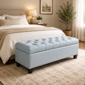 Upholstered Storage Ottoman Bench 50.25"W x 17"D x 16"H, Hidden Storage, Child Safety Hinge, Footrest Stool for Bedroom/Entryway, Polyester or PU Leather, Baby Blue/Brown
