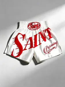 Saint Printed Boxing Shorts Men's White Side Split Design Yoga Shorts Women's High Waist Wide Waist Head Unisex Street Casual Sports Shorts Trendy Brand Retro Style Saint Shorts Religious Belief