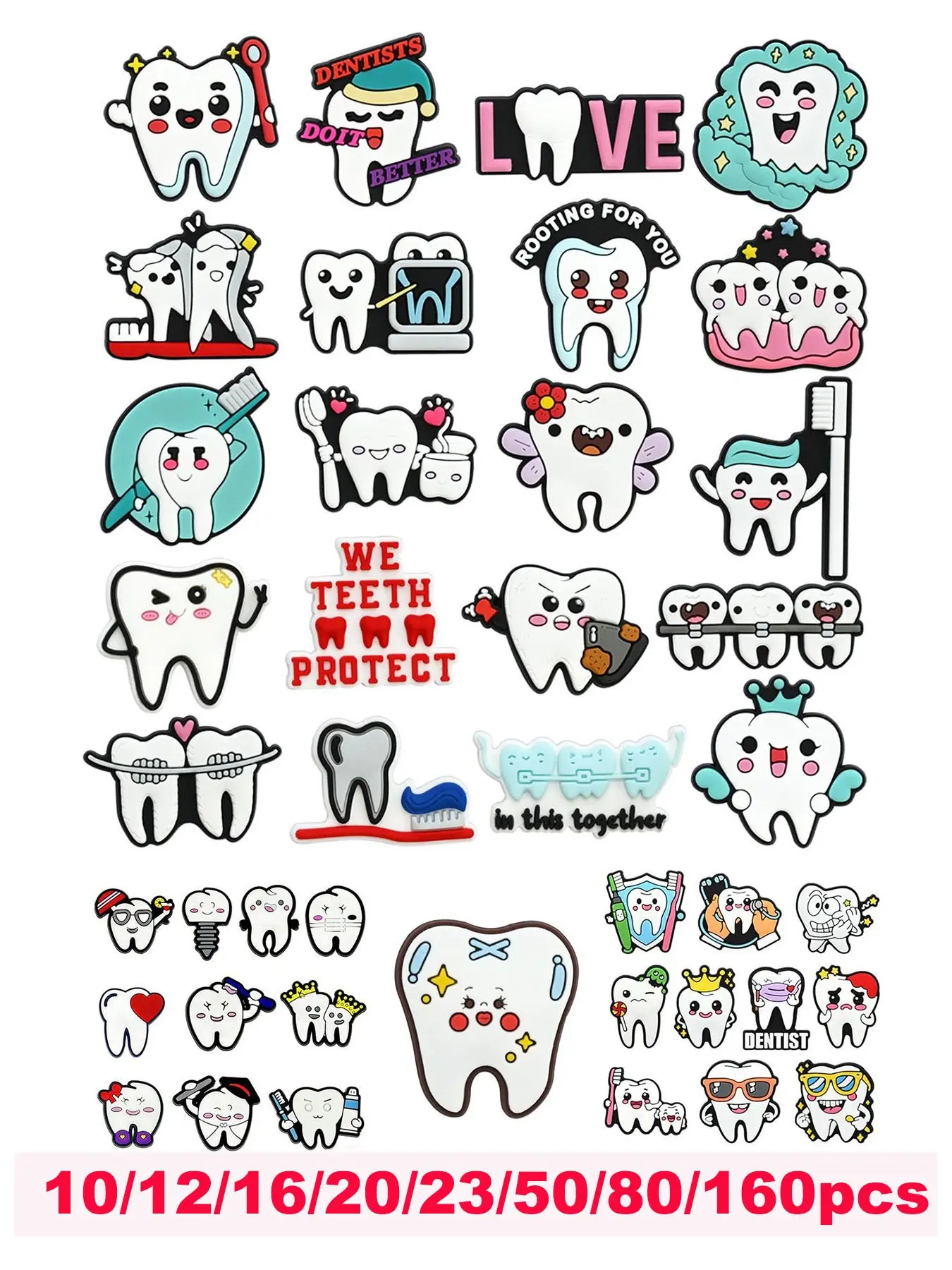 10-160 Piece Dental Protection Teeth Series PVC Cartoon DIY Shoe Buckle Decorations for Footwear, Classic Sandals for Family Gatherings, Christmas Party, Birthdays Gifts