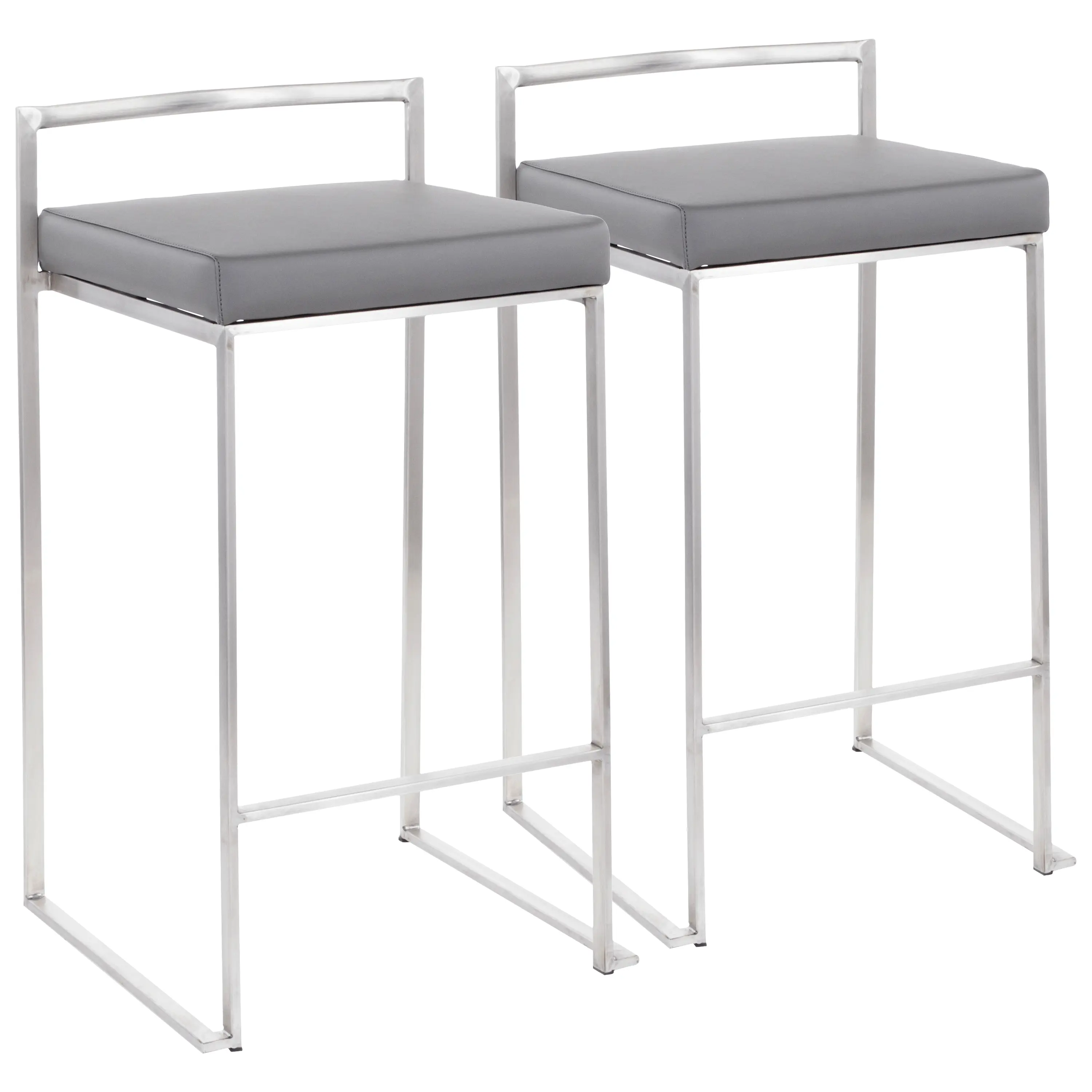 Nokaa Contemporary Stackable Counter Stool Set of 2 – Stainless Steel Frame with Grey Faux upholstered Cushion, Fixed Counter Height Bar Stool for Kitchen Island, Home Bar, Dining Room Seating