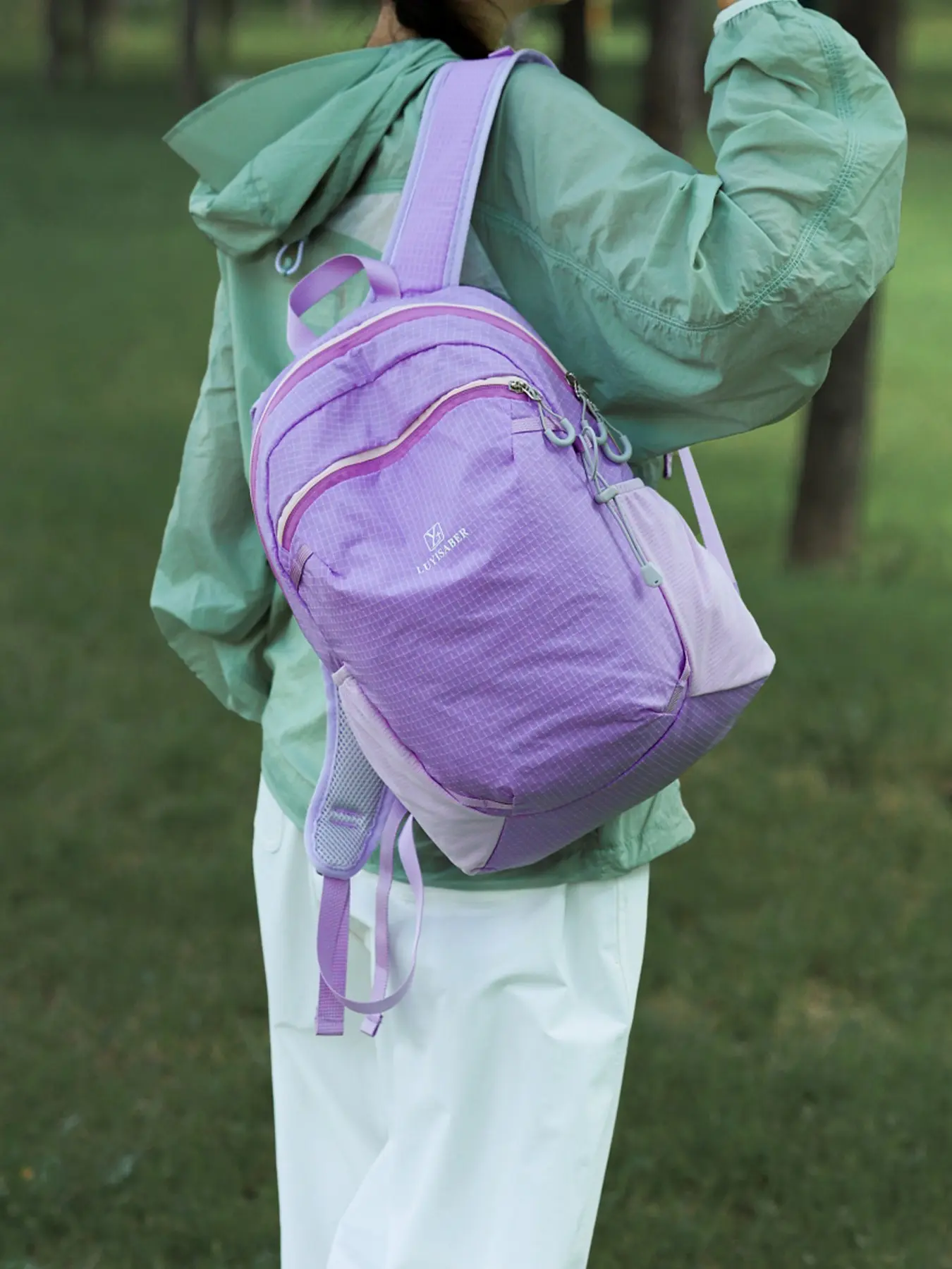 1pc Light‑weight Backpack Storage Bag With Multi‑zipper Pockets & Mesh Side Pockets, brand logo decor on bag front, multiple external zipper pockets, elastic side mesh pockets for water‑bottle‑style items, shoulder straps for weight distribution, top gra