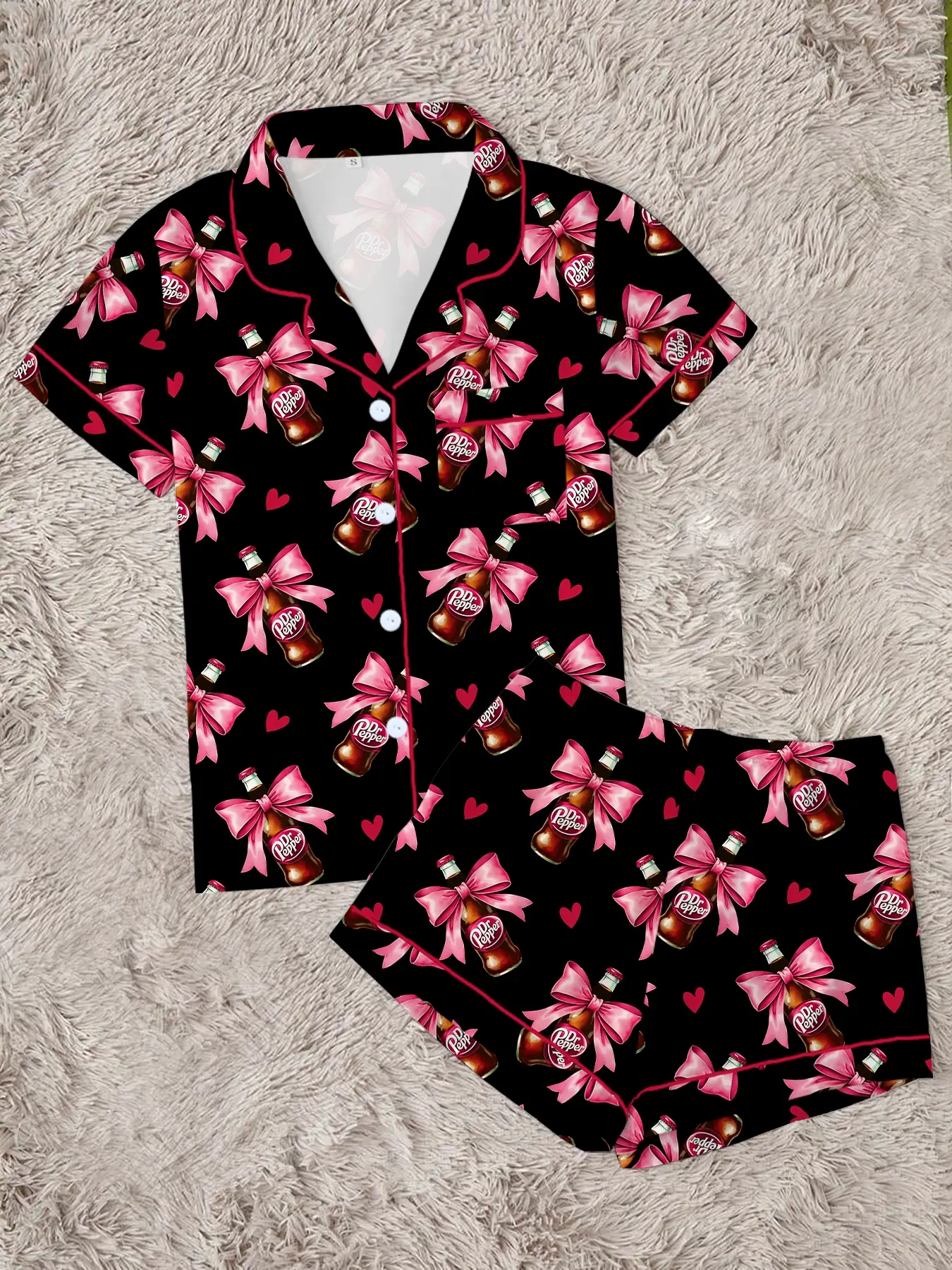 Women's Dr Pepper Valentine's Day Sleepwear Set, Cute Butterfly Design, Short Sleeve Lapel Button Top & Shorts, Casual Home Wear