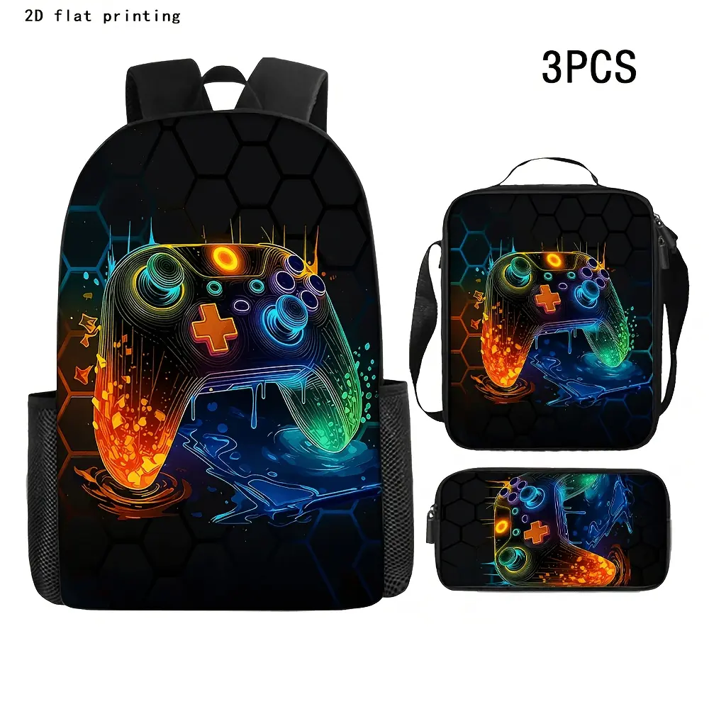 Neon Gamer 3 Piece Backpack Set for Kids and Teens, Colorful Game Controller School Bookbag with Matching Lunch Bag and Pencil Case, RGB Gaming Travel Daypack, Back to School Gift, Gamer Gift