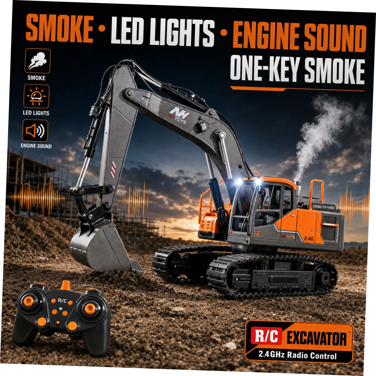 Unisex Electric Remote Control Excavator Toy - 3 Attachments (Metal Bucket, Working Claw, Vibrating Breaker Hammer), Lights, Sounds, Mist Effect, 680° Rotation