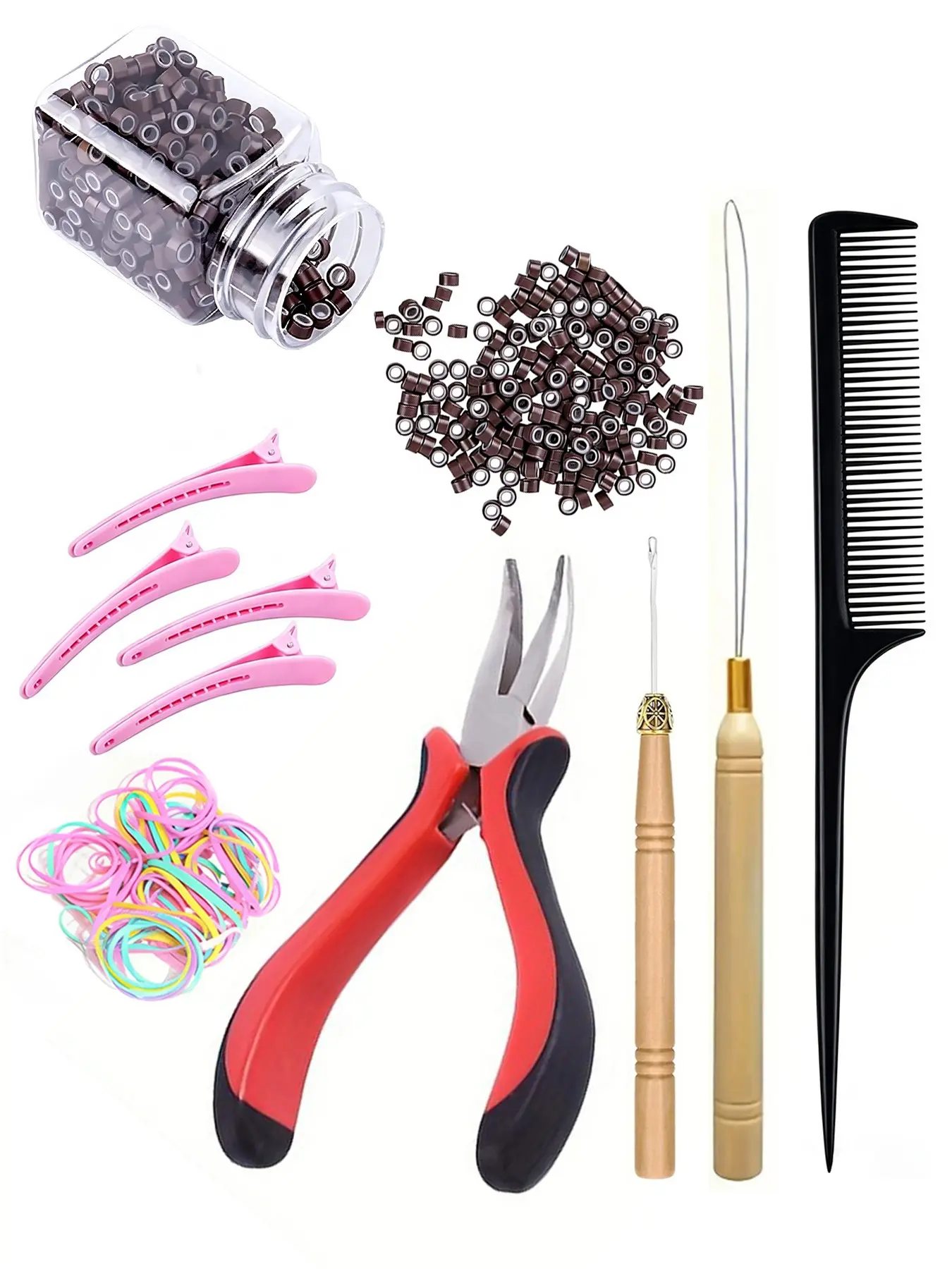 Hair Extension Tool Kit 500 Pcs  Hair Extension Beads With Tool | Silicone Lined Micro Beads Hair Extension Plier Hook Needle Pulling Loop Plastic Alligator Hair Clips Comb Elastic hair ties Hair Salon Tools