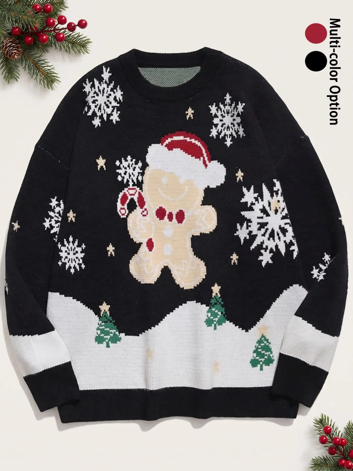 Christmas Sweater Gingerbread Man Crew Neck Long Sleeve Knit Pullover for Men Women, Snowflake Christmas Tree Pattern with Ribbed Cuffs & Hem, Premium Fabric Warm Cozy Festive Winter Jumper for Party Family Photo Casual Daily Gift Wear, Black Red