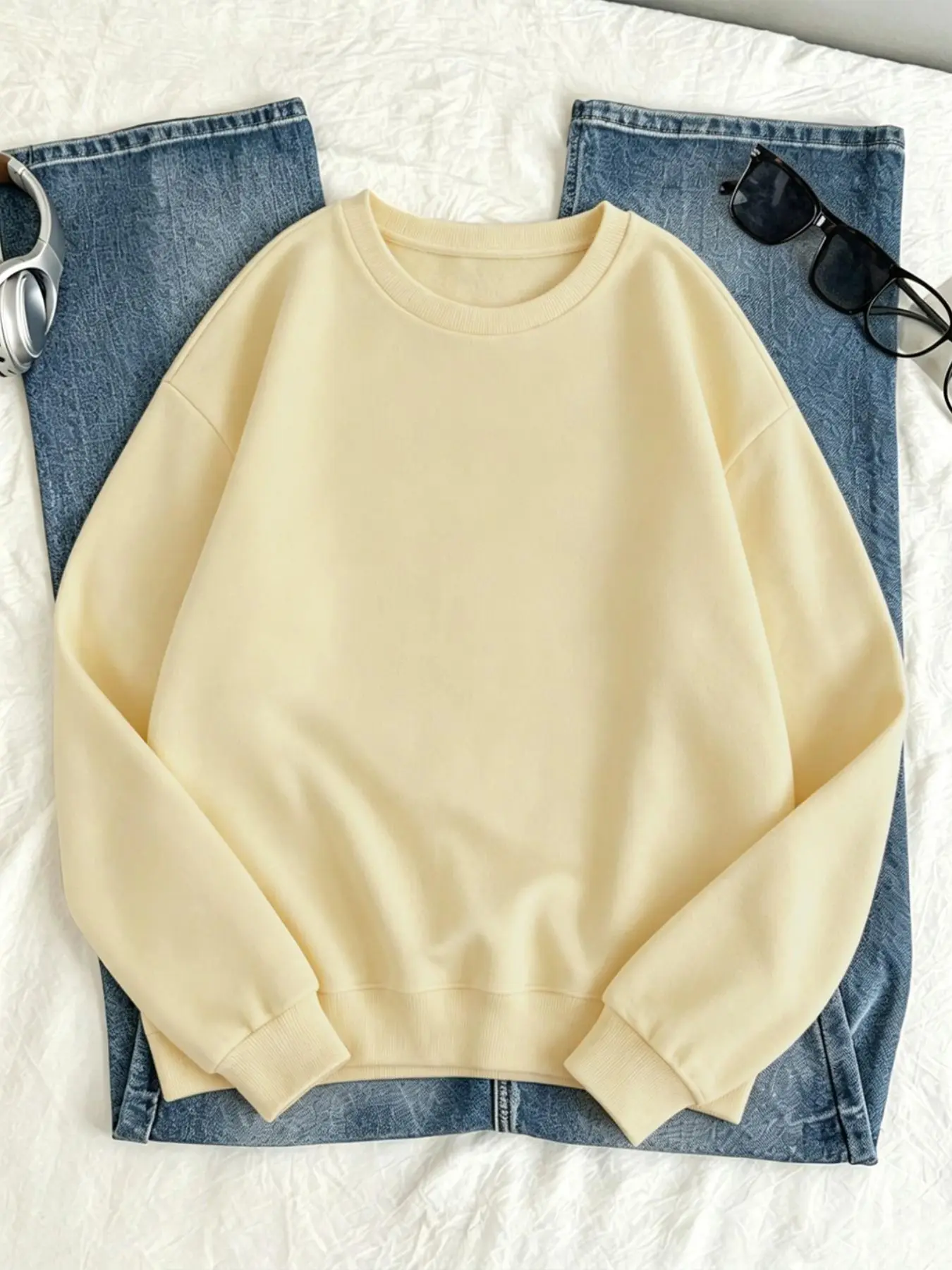 2026 Fall New Lazy Style Solid Round Neck Long Sleeve Sweatshirt, Loose Fit, Baggy, Breathable, Casual, Sports, Music Festival
