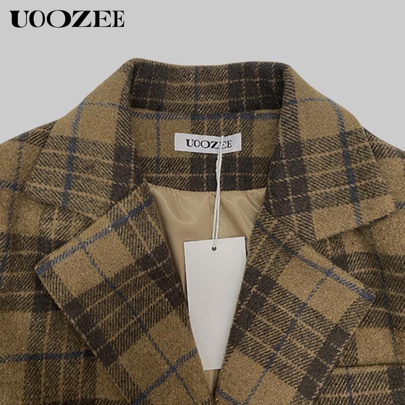 UOOZEE Women's Autumn Winter Retro Classic 2 Piece Blazer Suit, No Belt Pockets Blazer New Long Sleeves Loose Elegant Formal Business Outerwears Jackets & Plaid Pockets High Waisted Loose Full Length Trousers Pants