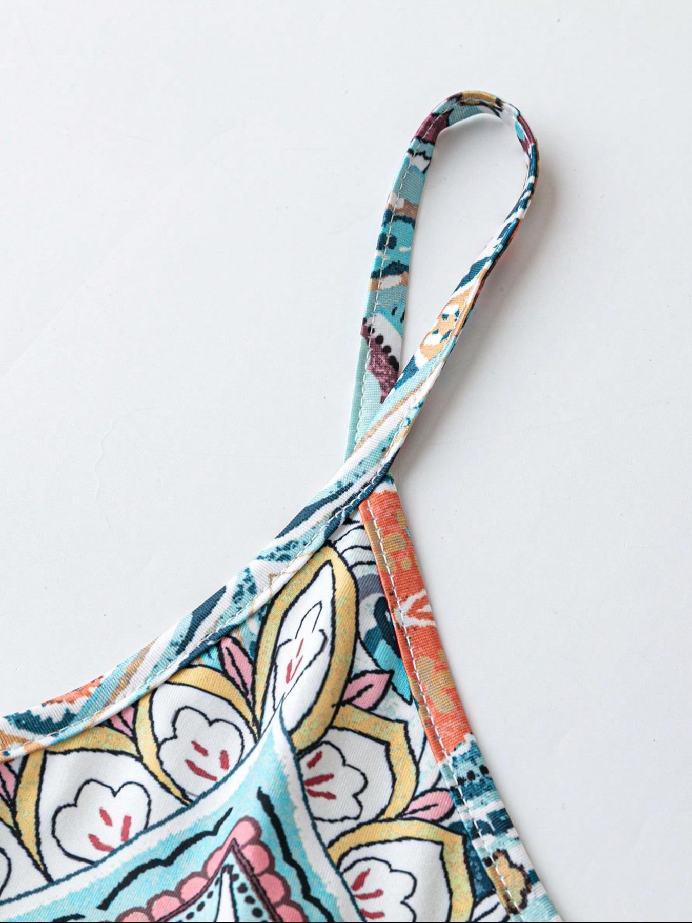 Women's Floral Print Dress, Boho Sleeveless Spaghetti Strap Long Dress for Beach Holiday Vacation, Ladies Summer Clothes, Womenswear