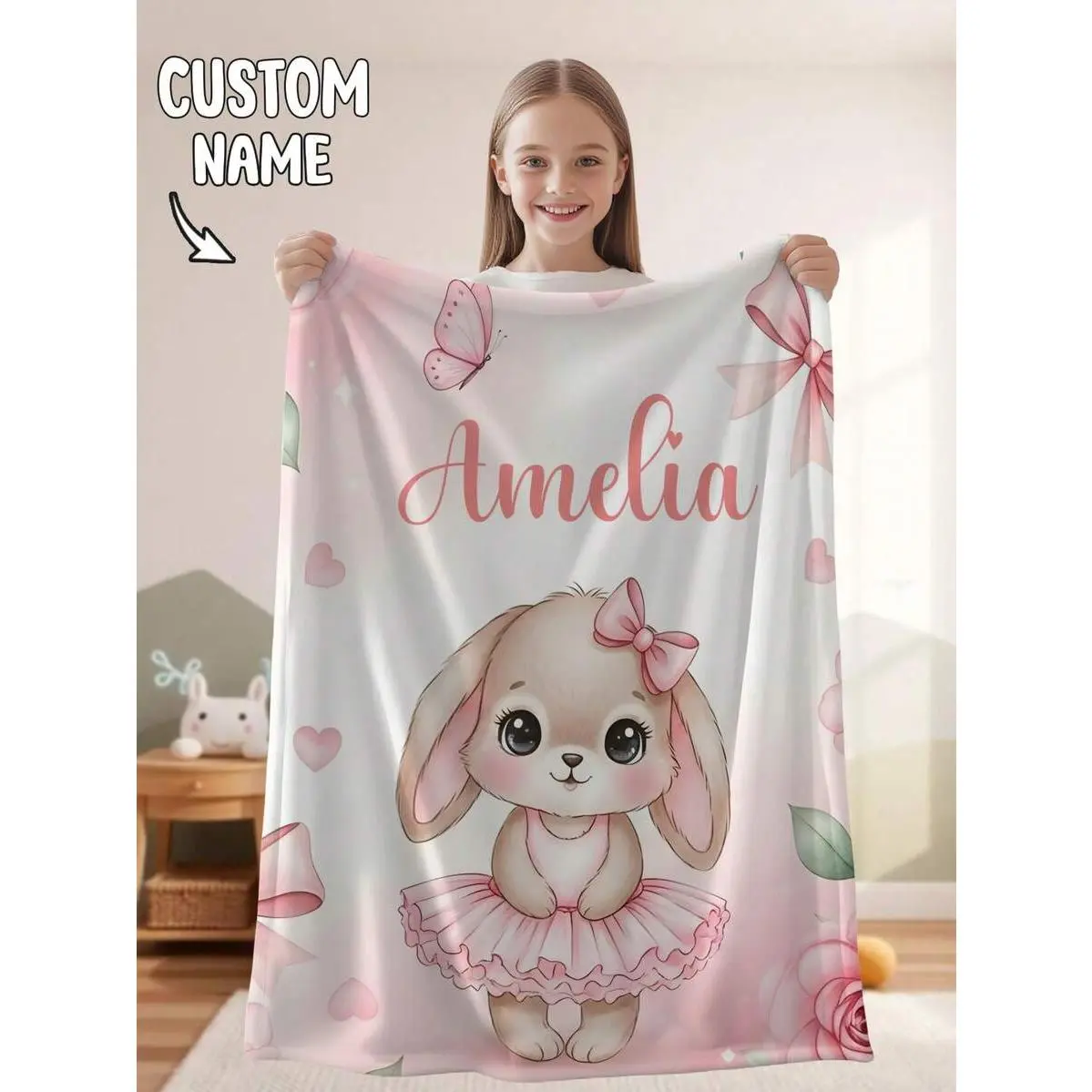 Personalized Name Bunny Ballerina Blanket, Customized Name Soft Flannel Throw Blanket for Girls, Cute Pink Rabbit Ballet Design Decorative Blanket, Custom Name Gift for Birthday Baby Shower Easter, Cozy Lightweight Sofa Couch Blanket