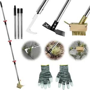 3-in-1 Multi-Function weed puller tool set: Crack Weeder, Moss Scraper Brush & Hoe , Interchangeable Heads with Adjustable Long Handle, Manual Weed Remover for Driveways, Patios & Garden Cracks