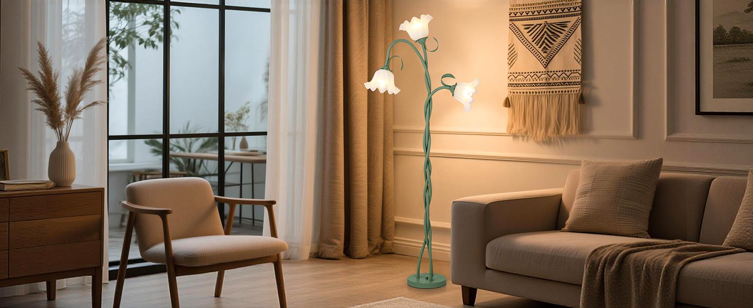 Floor Lamp for Living Room, 3 Lights Green Flower Lamp, Modern Tall Standing Lamp with 3 Color Temperatures Flexible Gooseneck, Mid Century Vintage Tree Floor Lamp for Bedroom Office