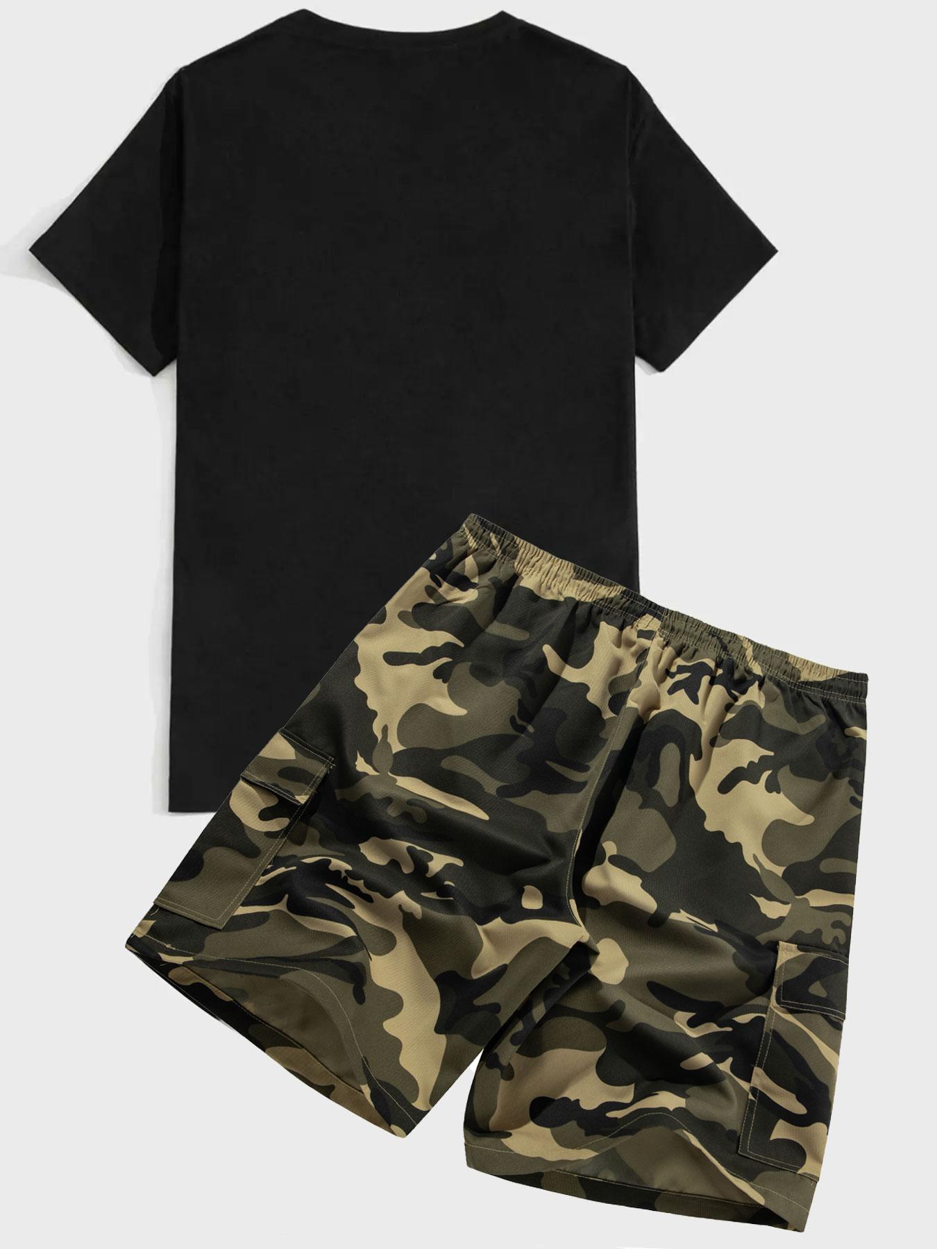 Two-Piece Set Men's Crop Tee & Shorts, Regular Fit Casual Short Sleeve T-shirt & Camouflage Print Shorts, Men's Summer Outfits