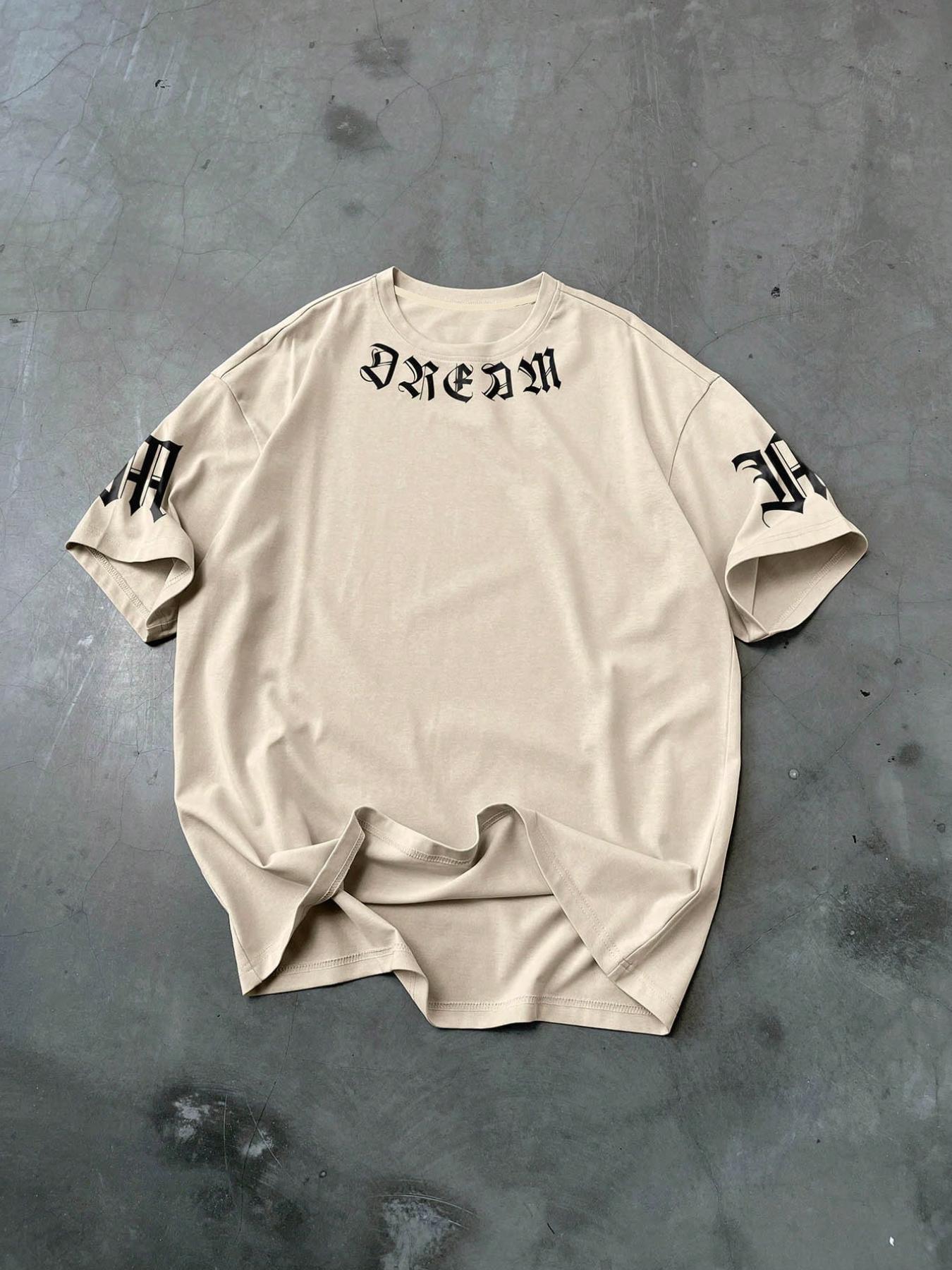 Men's Stylish Casual Round Neck T-Shirt with English Print, Breathable Polyester Fabric, Comfortable Fitted Design for Everyday Wear, Casual Style Tee