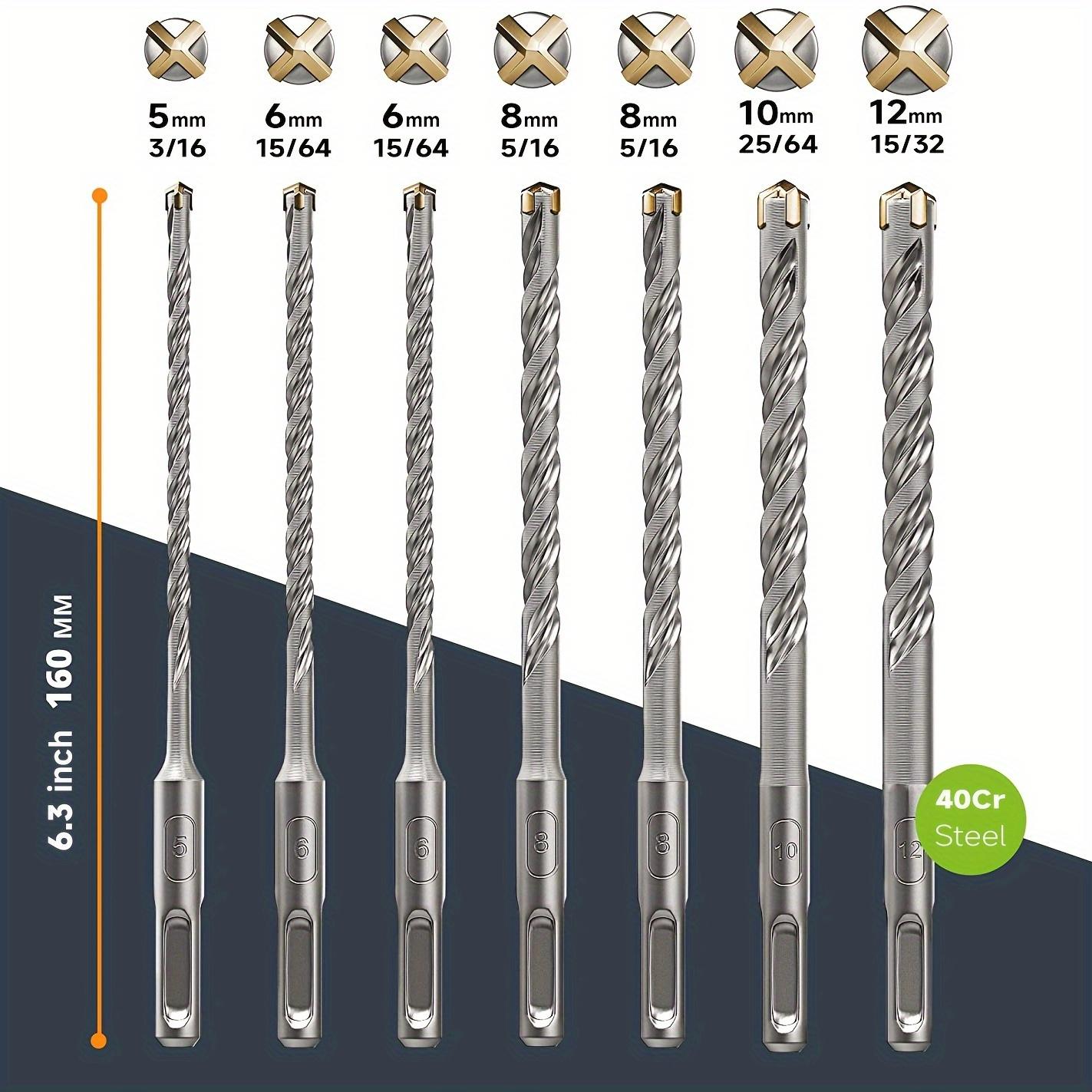 SENDRILL 7PCS/Set Carbide - Cross Tipped SDS-Plus Rotary Hammer Drill and Chisle Bit Set for Masonry, Concrete, Brick, Stone