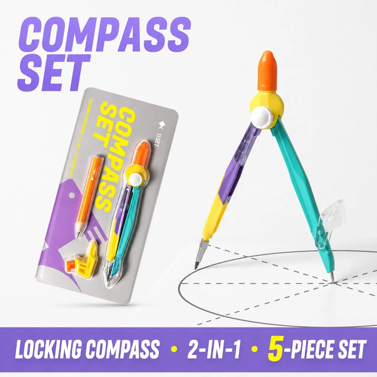 Locking Compass Set for Geometry, 2-in-1 Drawing Compass with Pencil Holder and Safety Tip Cover, Student Math Tools for School, Classroom, Geometry Projects, Circle Drawing Tool, Back to School Supplies