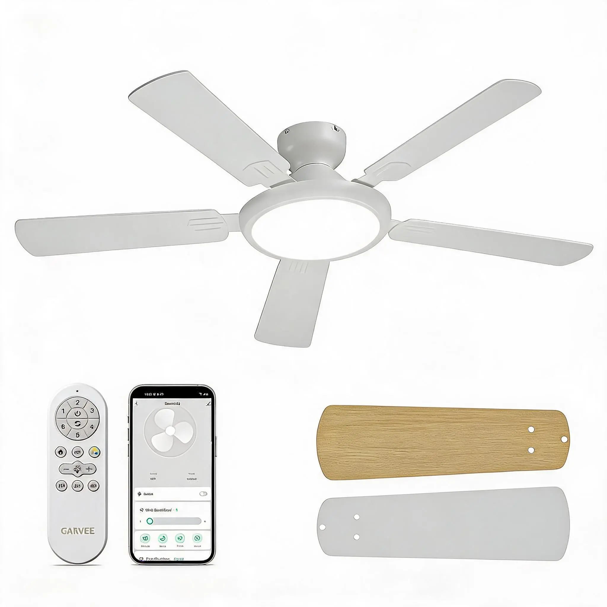 52" Smart Ceiling Fan with Dimmable 3-Color LED Light – Alexa & WiFi App/Remote Control, Quiet Reversible DC Motor, Modern Low Profile Flush Mount, Energy Efficient – Ideal for Bedroom, Living Room, Kitchen, Patio