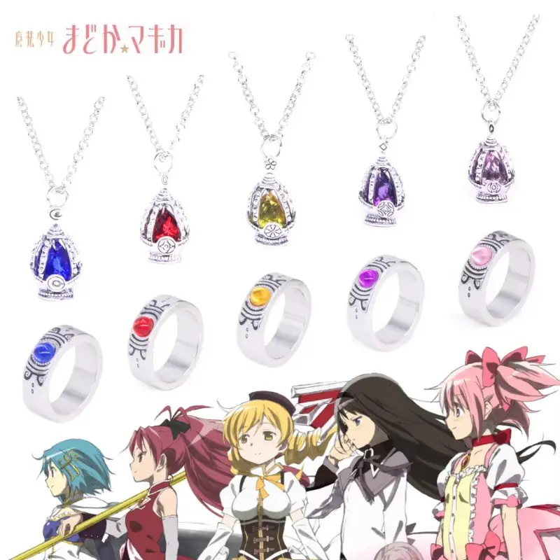 Anime Madoka Magica Soul Gem Jewelry Set, Color Crystal Pendant Necklace + Matching Cosplay Rings, Magical Girl Anime Accessories Cosplay Gift for Otaku