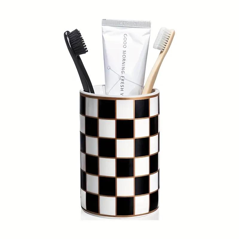 Modern Black White Ceramic Toothbrush Holder Grid Bathroom Vanity Organizer for Countertop Storage Decorative Shower Bathroom Essentials