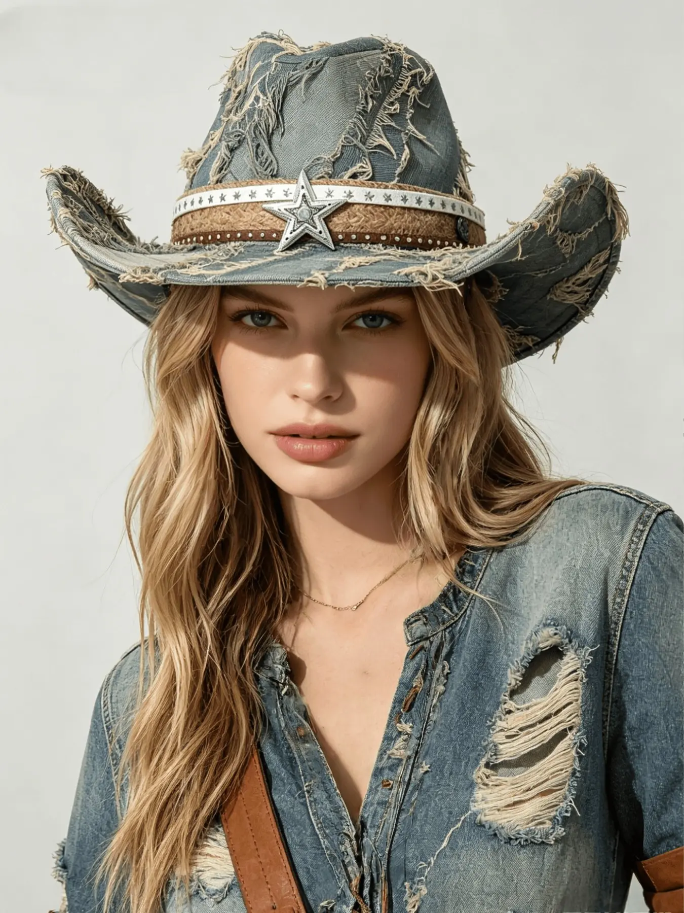 Women's Vintage Washed Denim Hat, Western Cowboy Hat, Cowgirl Hat, Boho Style, Fringe Trim, Dress Up Hat, Stylish Hat, Perfect for Music Festivals, Retro Parties, Stage Performances