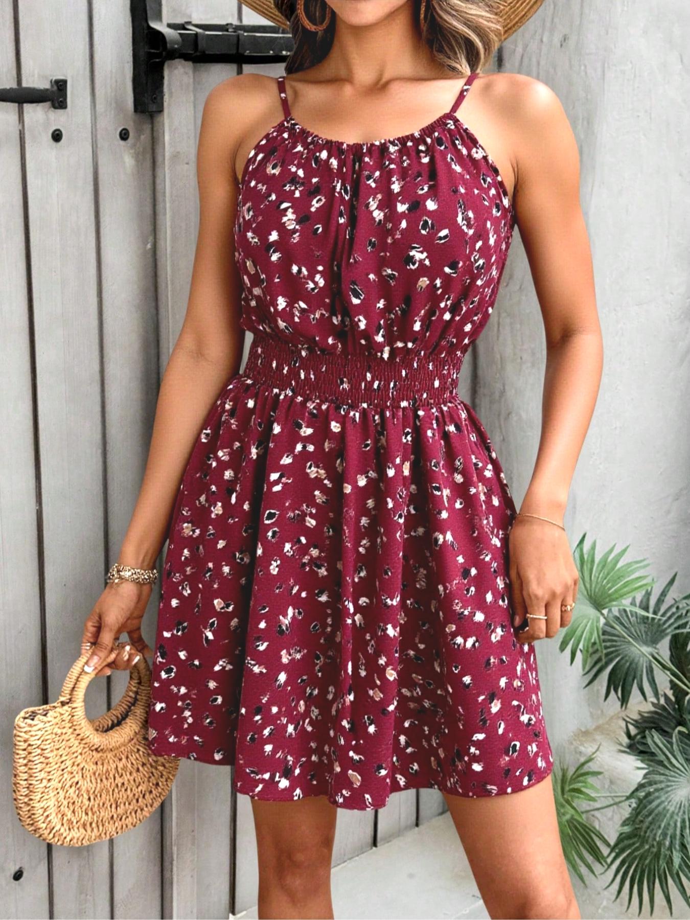 Women's All Over Print Halter Neck Dress, Boho Fashion Casual Sleeveless Short Dress for Beach Holiday Vacation, Ladies Summer Clothes Women's All Over Print Halter Neck Dress, Boho Fashion Casual Sleeveless Short Dress for Beach Holiday Vacation, Ladies Summer Clothes