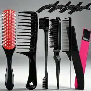 10-Piece Hair Styling Brush Set, Nylon Comb, Wide-Tooth Comb, Edge Control Brush, Wax Brush, Tail Comb, Hair Tie, Clip, for All Hair Types