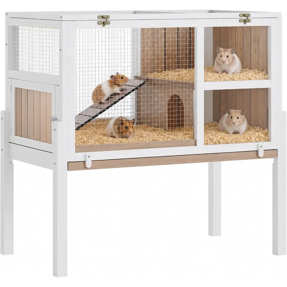 Wooden Guinea Pig Cage Indoor with Stand, 38" 2-Story Rabbit Hutch w/Ramp & Hideout, Clear Vision, Leak-Proof Pull-Out Tray, Lockable Door, Bunny Hamster Habitat Grey