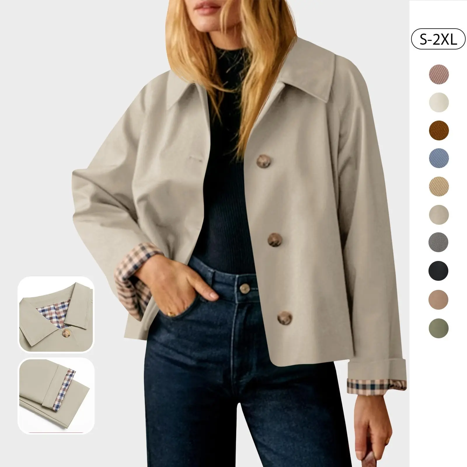 Tankaneo Womens Cropped Trench Coat Lightweight Single Breasted Jacket Fall Windbreaker Fashion Outerwear