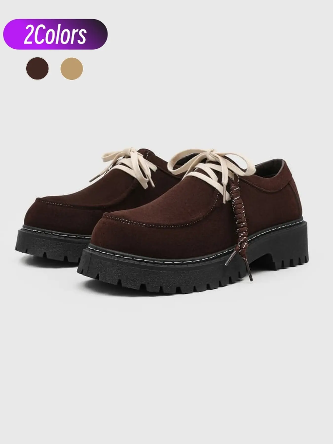 Men caramel suede matte frosted derby shoes jagged elevated platform thin laces daily street commute work shoes