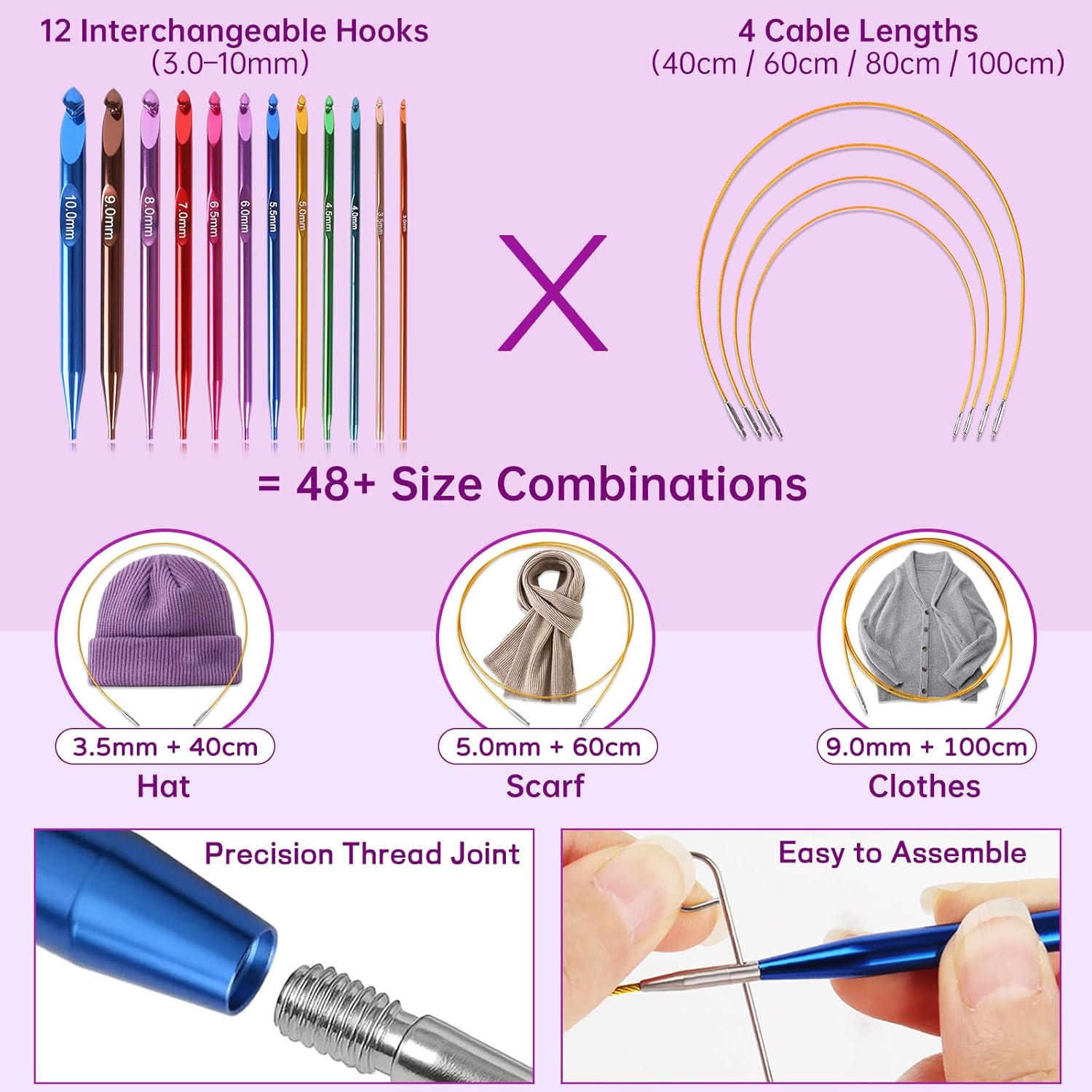 Interchangeable Tunisian Crochet Hooks Set - 12 Sizes (3.0-10mm)  Crochet Hooks with 4 Cables, Accessories & Floral Storage Bag - Detachable Afghan Crochet Hook Kit