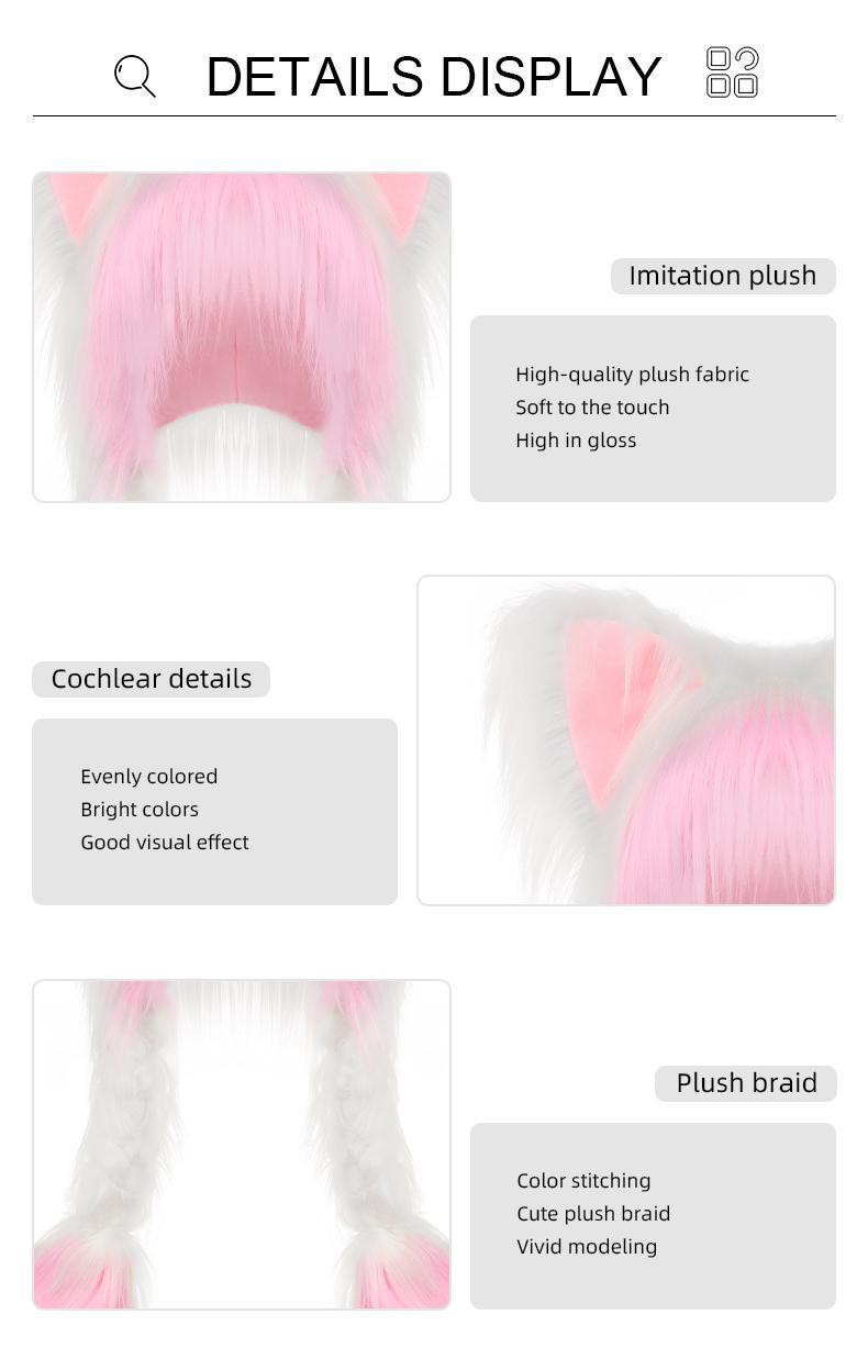Valentine's Day gift recommendation—a soft, plush animal ear hat with braids, perfect for cosplay and winter party looks, available in white and pink.
