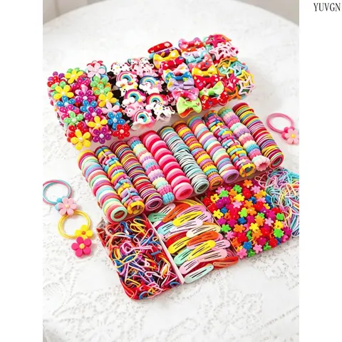 906-Piece Magic Fashion Hair Accessories Set, Anti-Slip Grip Kit with Elastic Band, Colorful Cartoon Rainbow Clips, Cute Cartoon Bowknot, Ponytail Hold for Ponytails & Chignons, Girl Gift