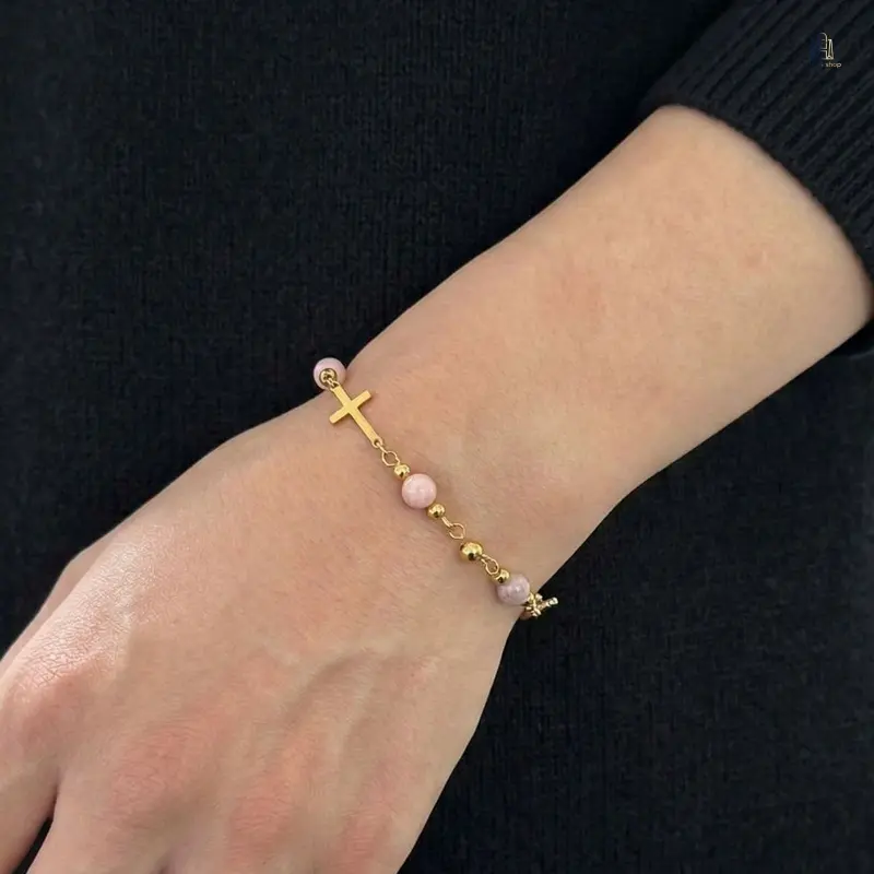 Women Beaded Bracelet |   Trending Stainless Steel Cross Pendant Wrist Jewelry, Pink Zebra Jasper Rose Quartz Howlite Stone Bracelets, Adjustable Dainty Stretchy Bracelets for Daily Dating Vacation Outfit Accessory