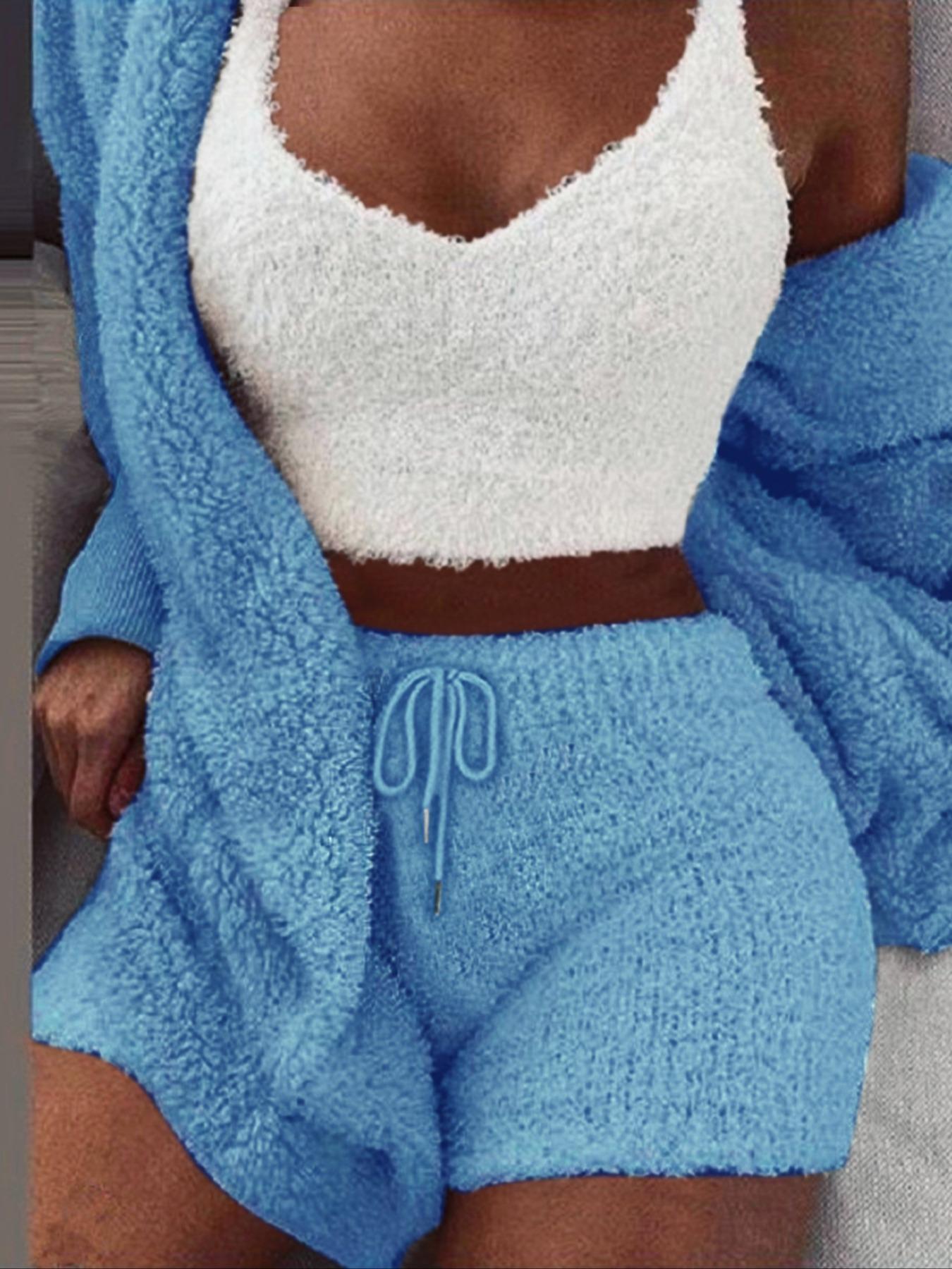 Women's Solid Color Plush Three-piece Pyjama Set, Fluffy, Soft Pajamas, Comfy V Neck Cami Top & Hooded Coat & Tie Front Shorts Loungewear Set, Women's Sleepwear for Winter
