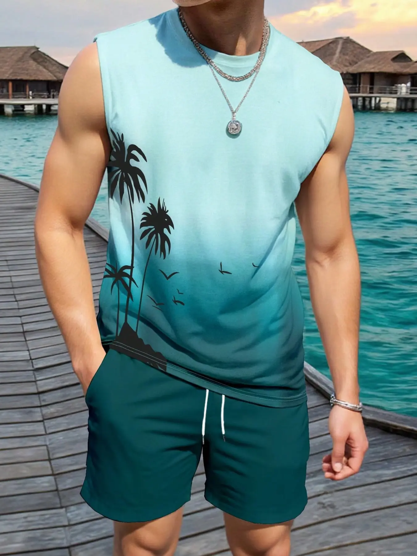 Men's travel two-piece set, coastal tropical plant silhouette gradient sleeveless vest shorts, relaxed atmosphere set of clothing