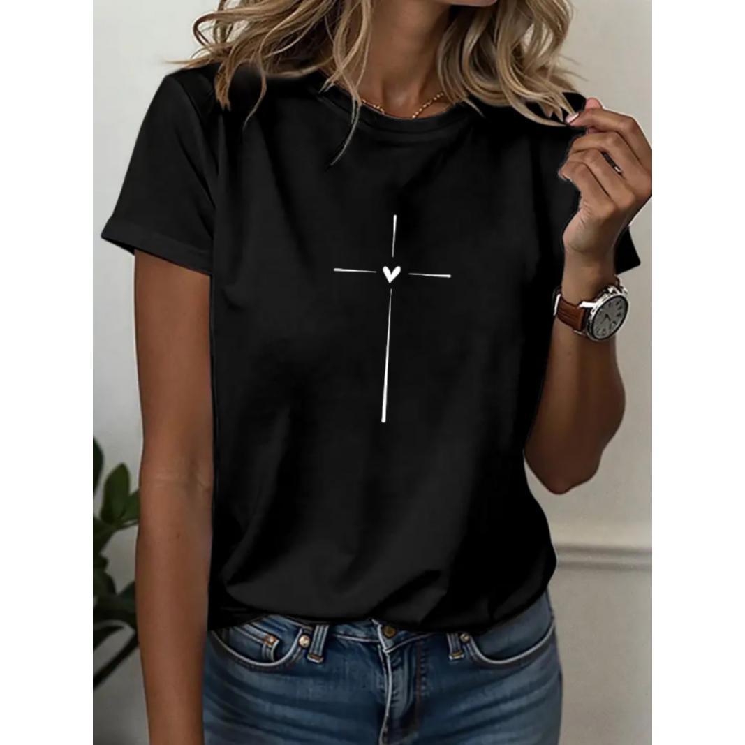 Womens Casual Graphic Tee Short Sleeve Crew Neck Loose Fit Soft Cotton Blend Minimalist Cross Heart Print T Shirt Cute Everyday Summer Top
