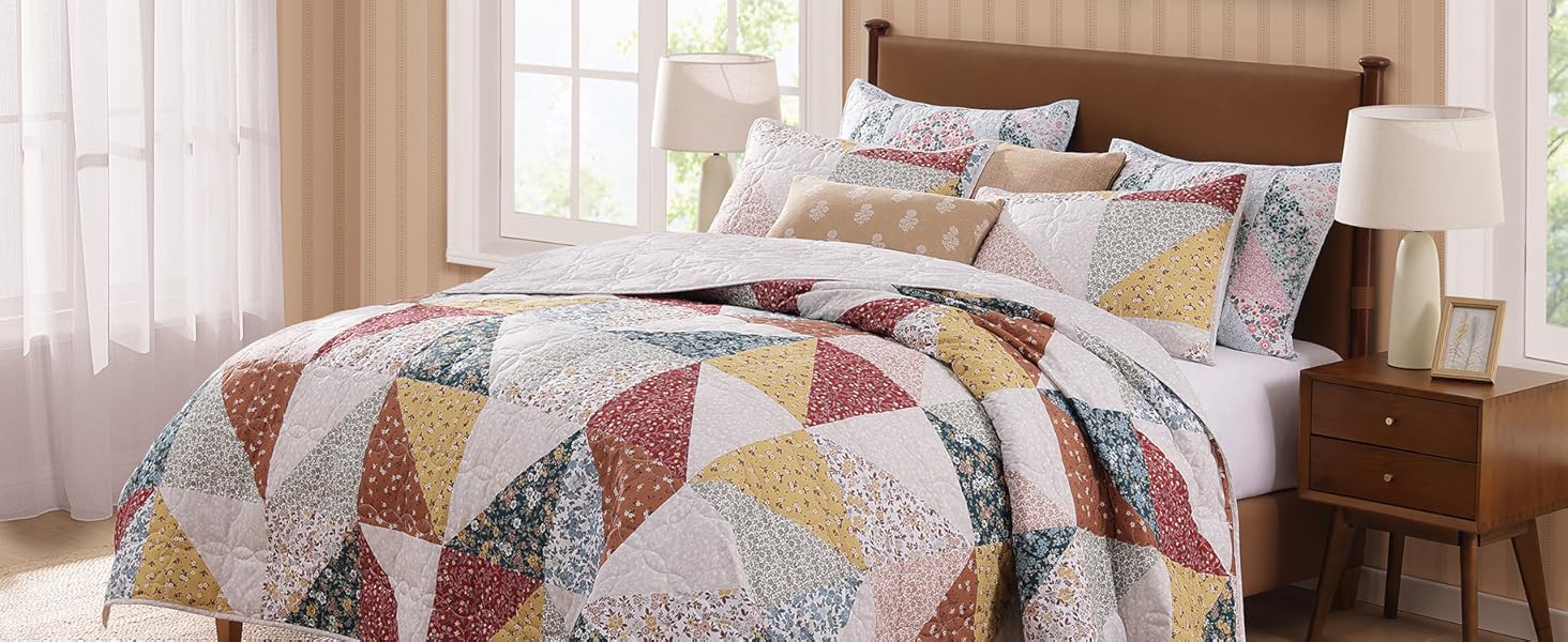 Set Queen Size, Patchwork Blue Pink Marigold Floral Sets, Reversible Bedspread Lightweight and Breathable for All, Soft Quilted Bedspread with 2 Pillow Shams