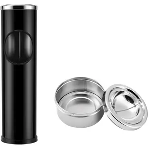 Anfrere Standing Ashtray Outdoor for Patio, Large & Tall Outside Ash Tray for Cigarette Butt Receptacle Disposal, Commercial Metal Smokers Cigar Ash Tray Container with Lid and Trash Can, D01BK
