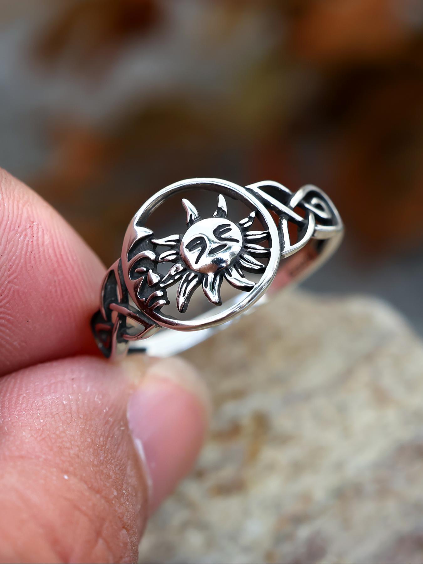 925 Sterling Silver Vintage Hollow Out Sun & Moon Design Cuff Ring, Statement Ring, Fashion Jewelry Accessories for Men & Women, Trendy All-match & Exquisite Jewelry for Birthday Gift