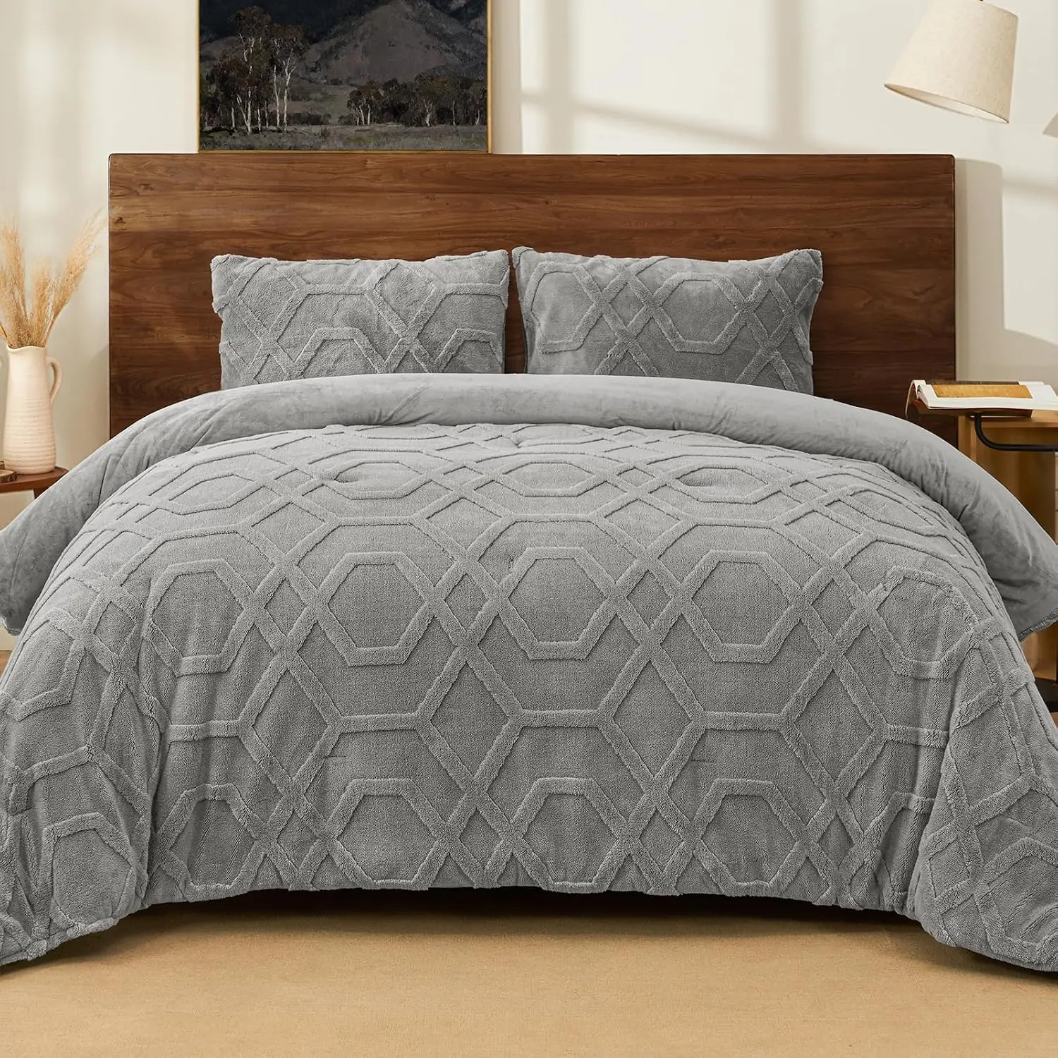 Warm Sherpa Fleece  Comforter Set,  Tufted  Grey Bedding for Winter, Soft 2 count Shaggy Bed Set, 1 Comforter (68"x90") and 1 Pillowcase (20"x26")