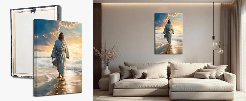 Jesus Picture on Canvas Jesus Walking on the Beach Canvas Picture God Poster Catholic Work of Art for Spiritual Space Wall Decoration Framed (3, 30 x 45 cm)