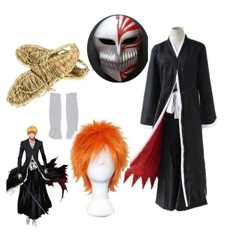 Anime Bleach Cosplay Costumes Ichigo Kurosaki Hollow Mask Men Ichigo Wig Black Cloak With Straw Sandals Socks Tops And Pants Set