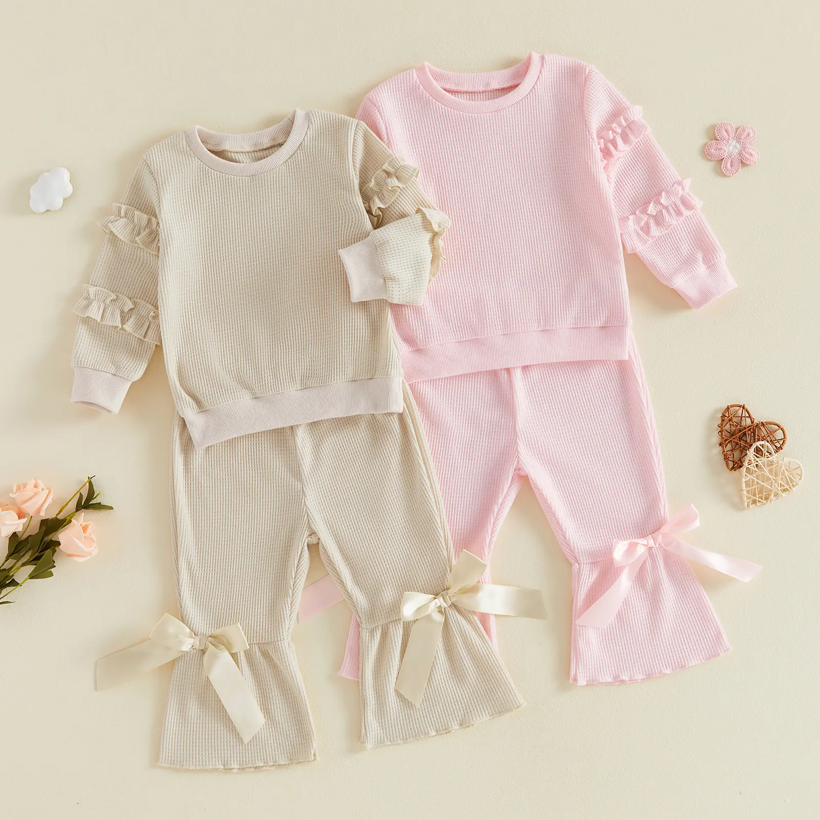 Toddler Baby Little Girls 2-piece Outfit Waffle Long Sleeve Sweatshirt with Flare Pants Clothing Set Fall Winter 1-5 Years