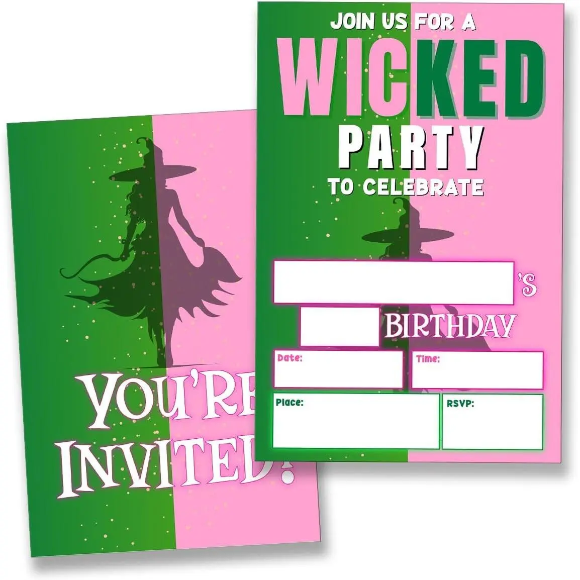 Wicked Theme Birthday Party Invitations, Green & Pink, Double-Sided Design, 20 Cards with Envelopes