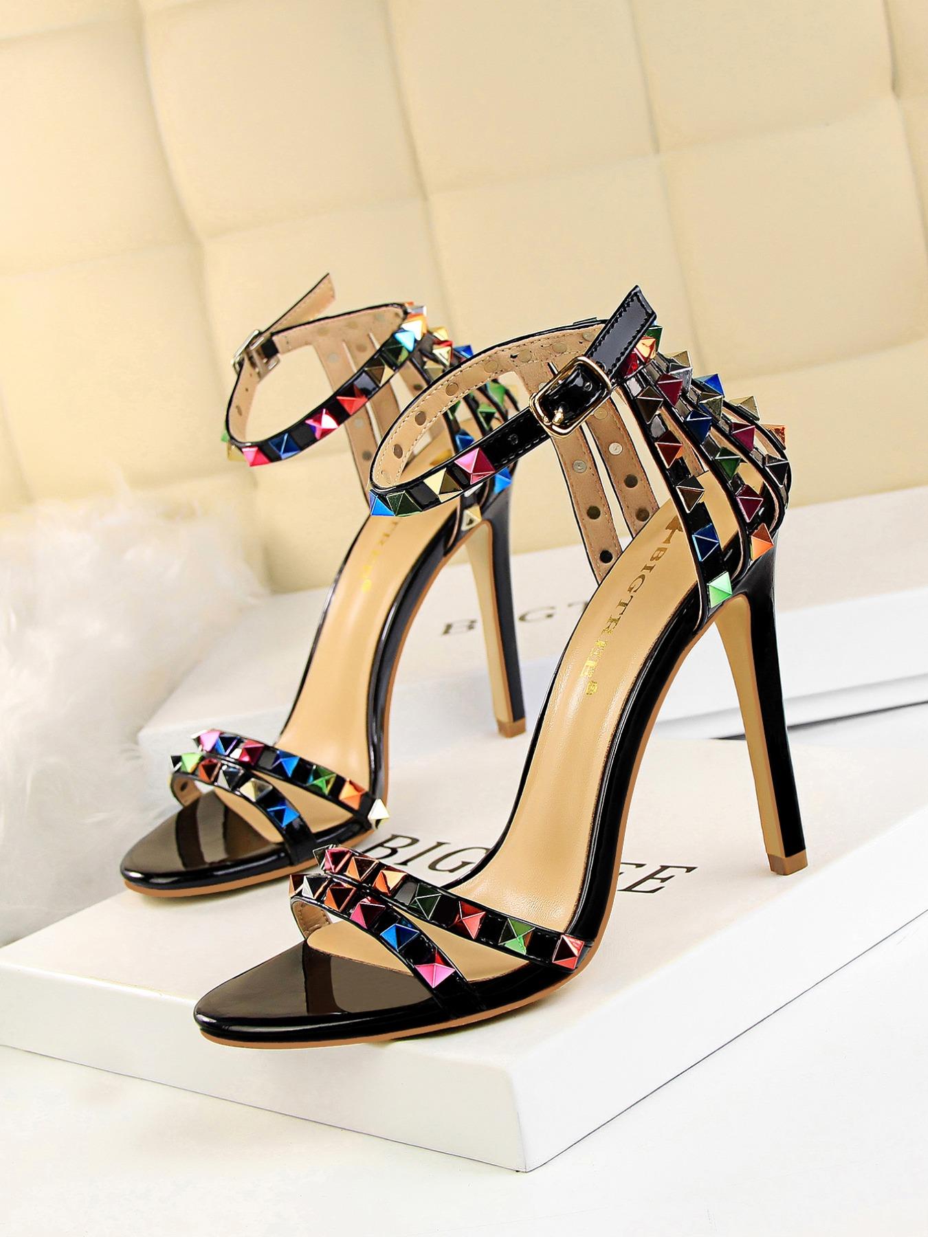 Women's Fashionable Studded Decor Stiletto Heels, Valentine's Gifts for Her, Elegant Heeled Sandals for Party, Banquet, Fashionable Shoes for Daily Wear, Strapy Sandal