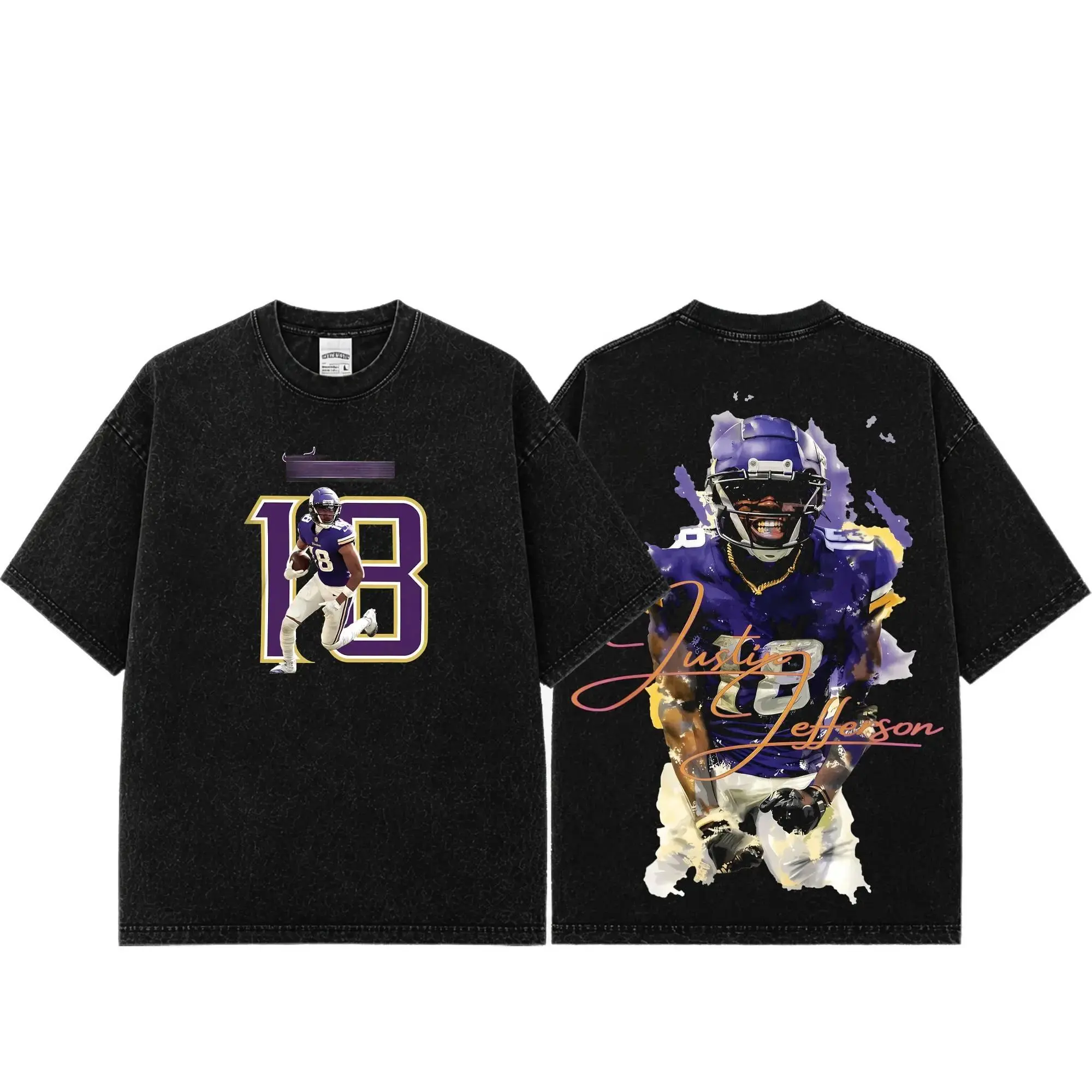 [Sale Up To 50%] Unisex Justin Jefferson 18 Washed T-Shirt, Vintage Football Graphic Tee, JJettas Fan Shirt, Game Day Outfit, Sunday Football Streetwear, Gift for Football Fans