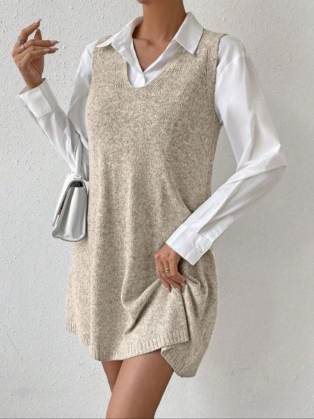 Women's V Neck Loose Knit Vest Dress, Simple and Clean Design, Versatile Style Change, Suitable for Spring/autumn/winter Seasons