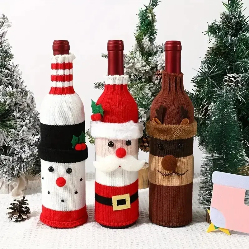 Christmas Wine Bottle Set with Wine, Champagne, Whiskey, Santa Claus, Reindeer, Candy Cane, Festive Dining, Party, Home Decor