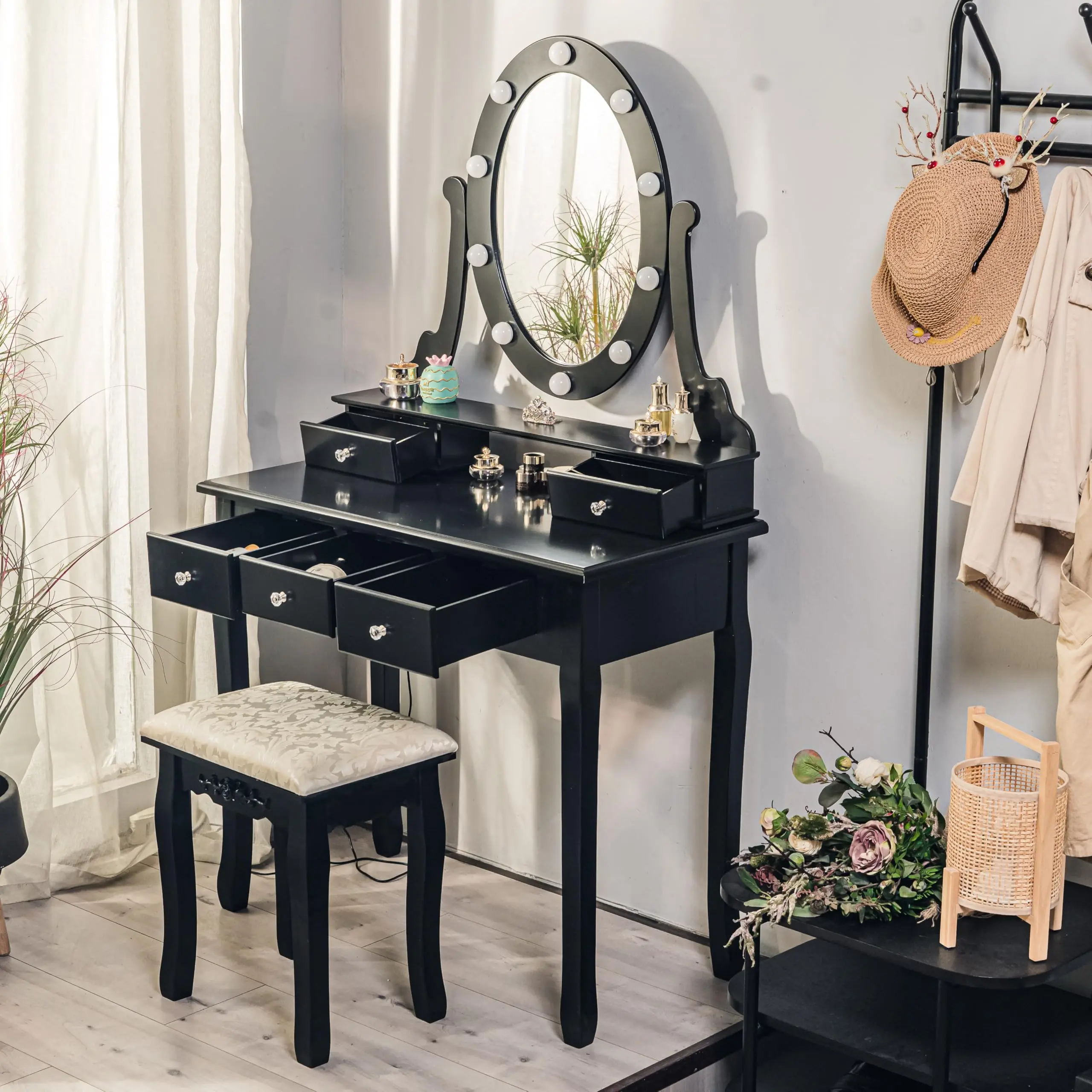 YJ-Garvee Modern Makeup Vanity Table with Illuminated Mirror and Padded Stool, Storage dressing tableIntegrated vanityFeaturing 5 Drawers for Bedroom Use, Suitable for Women and Young UsersBlack